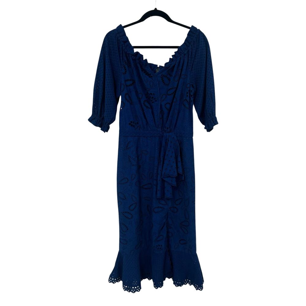 NWT Saloni Deep Blue Navy French Lace Eyelet Cotton Olivia Midi Dress Size 6